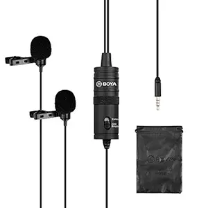 Dual Lavalier Microphone for Smartphone Camera,157 Inch/4m BOYA BY-M1DM Dual-Head Lapel Mics with 1/8 Plug Adapter Compatible with iPhone 11 X 8 Android Smartphone Canon Nikon DSLR Camcorder Recorder