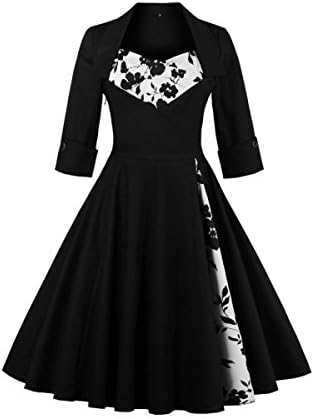 EALSN Vintage Floral / Dot Print A-Line Rockabilly Retro Swing Tea Cocktail Women's Dress,A-S