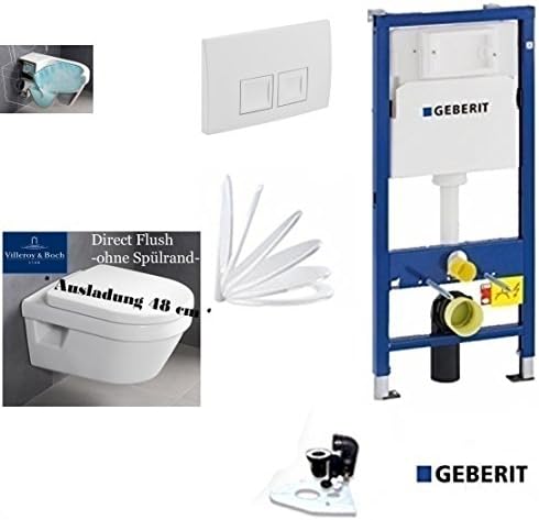 Geberit Duofix Frame System Pack of V & B Omnia Architectura Compact Al 480 mm Directf Lush Toilet Flushing Rim Complete Set + Lid with Soft Close Mechanism, Ceramicplus Push Plate Square