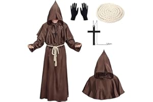 XCMVCN Mönch Robe Mittelalter Renaissance Robe, Herren Kapuze Mönch Robe Priester Kostüm, mit Kreuz-Halskette, Handschuhe und Kordel,Halloween, Karneval und Rollenspiel Kostüme