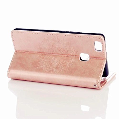 MUTOUREN Portemonnaie Handyhülle für Huawei P9 Lite Bookstyle Gürtelhändytasche Brieftasche PU Leder Wallet Case Cover Schutzhülle Hülle Etui mit Standfunktion Magnetverschluß Card Slots Kratzfeste Anti-scratch Premium Ledertasche Gepresste Blumen Indische Sonne Mandala Rosegold + Bleistift Touch Pen - 4