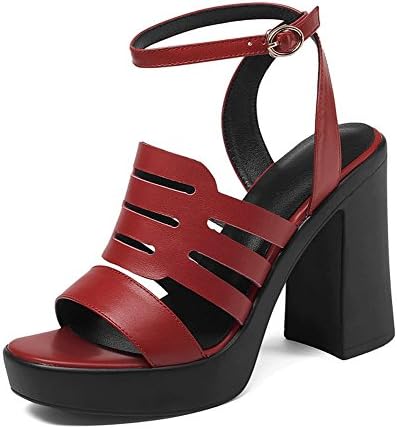 GLLX HJHY® Sexy Waterproof Platform Leather Sandals Female Western Style Thick high Heels Solid Color Women's Shoes Open-Toed Sandals (Color : Red, Size : 35)