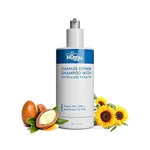 Muggu Damage Repair Shampoo with Hydrolyzed Keratin, Sunflower Oil, Argan Oil for Silky, Smooth & Shiny Hair | Pro Keratin and Argan Oil Shampoo for Women and Men | Keratin Shampoo for Dry and Frizzy Hair | Shampoo for Coloured Hair Women, Men | Best Shampoo Nourishing & Strengthening - 300ml