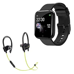 HT-03 Waterproof Smart Watch Touch Men Women Fitness Tracker Blood Pressure Heart Rate Monitor for Girls & Boys with K1 Wireless Bluetooth Headset Hand-Free Calling-Black
