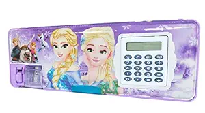 Shifaa Enterprise Multipurpose Magnetic Pencil Box with Calculator & Dual Sharpener for Girls & Boys for School | Big Size Cartoon Printed Pencil Case for Kids (Elsa Frozen Princess Purple)
