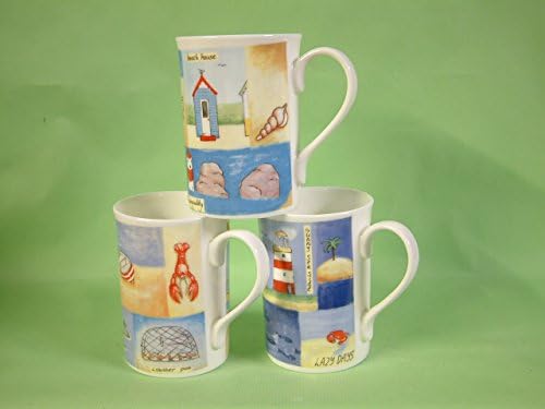 set of 3 Bone China Mugs with beach design lazy days