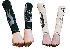 PinKit Unisex Fingerless Cotton Arm Sleeves, Protection Sleeves from Sun Tanning for Driving, Biking, Cycling For Men & Women (2 Pair) - Black & Beige