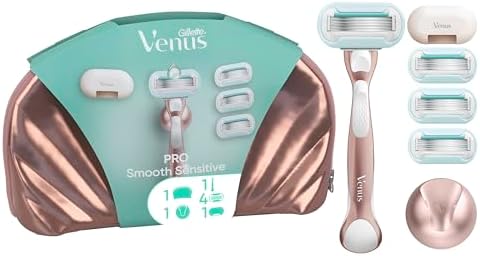 Gillette Venus Pro Smooth Sensitive Rasoio Donna a 5 Lame per Pelli Sensibili con 4 Lamette Donna di Ricambio Gillette Venus, Manico in Metallo Riutilizzabile e Gancio per la Doccia