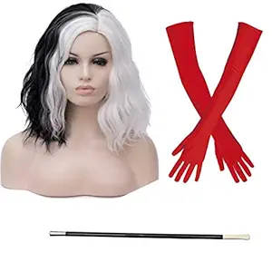 TANTAKO Women Black White Cosplay Wigs Short Wavy Half and Half Wig with Long Red Gloves and Holder (Combination-A)