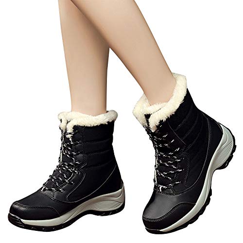 Preisvergleich Produktbild Geili Stiefeletten Damen Kurzschaft Leder Schneestiefel Warme Fleece Gefüttert Winterstiefel Frauen Übergrößen Rutschfest Wasserdicht Dicke Sohle Boots Schnürstiefel Flache Schuhe
