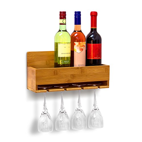 Relaxdays Étagère à vin Porte-verres fixation murale Porte-bouteilles Support bouteilles vin bambou HxlxP: 17 x 37 x 11,5 cm 4 bouteilles & 4 verres, nature Relaxdays Étagère à vin Porte-verres fixation murale Porte-bouteilles Support bouteilles vin bambou HxlxP: 17 x 37 x 11,5 cm 4 bouteilles & 4 verres, nature