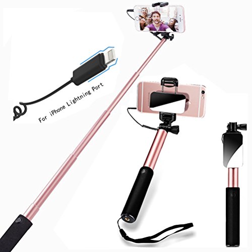 Selfie Stick [ iPhone Lightning | Mirror | Wire Control (No
Bluetooth) ] ,YooGoal Extendable Compact Handheld Monopod with Mirror
for HD Rear Camera Shooting and Built-in Remote Shutter for iPhone X 8
8Plus 7 7Plus 6 6S Plus 5 5S (Rose Gold)