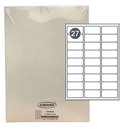 INERRA Self Adhesive Blank Labels - 27 Per A4 Sheet - (Quantity Options) - 63.5 x 29.6mm Stickers, Address (30 Sheets)