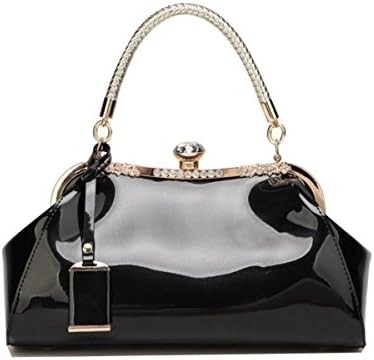 European And American Fashion Bridal Bag Patent Leather Shiny Simple Handbag Crystal Diamond Elegant Lady Handbag,Black-OneSize