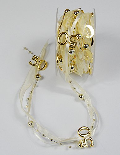 5 m Band "Match" creme-gold mit Perlen und "50" in gold für Geburtstag/goldene Hochzeit/Jubiläum ectr.