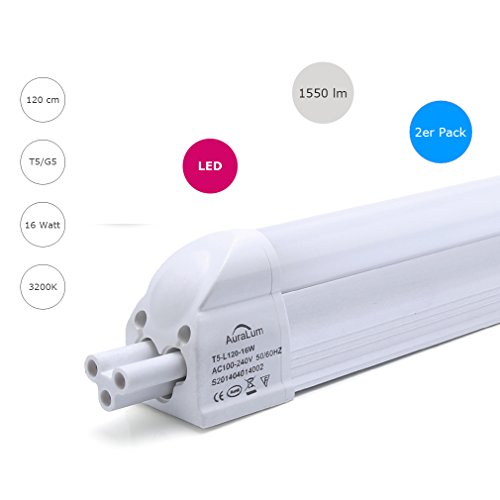 2 X Auralum T5 Warmweiß LED-Leuchtstoffröhre mit G5-Fassung Halterung, Led-Röhre 120cm, 16W, 1550 lumen, 2800-3200K