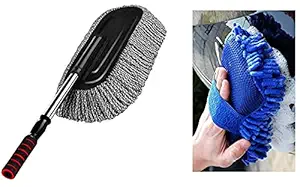 Lukzer Car Accessories Combo 2 Pieces , Microfiber Car Cleaning Retractable Brush Duster + Multipurpose Car Cleaning Sponge , Assorted