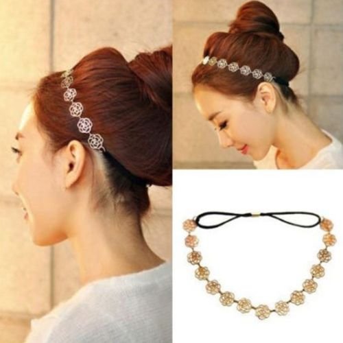 GugzyWomens Fashion Metal Chain Jewelry Hollow Rose Flower Elastic Hair Band Headband