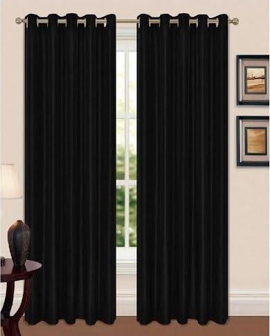 FAUX SILK, FULLY LINED, EYELET, RING TOP CURTAINS WITH TIE BACKS (66x90, Black)