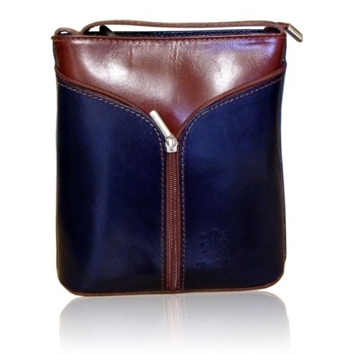 Brand New Genuine Italian Leather Vera Pelle Shoulder Cross Body Zip Handbag (NAVY/BROWN)