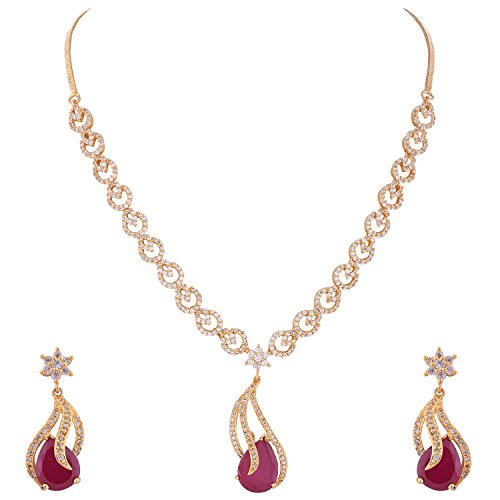 Ratnavali JewelsRed American Diamond Traditional Ruby Necklace Pendant Set with Earring for Women