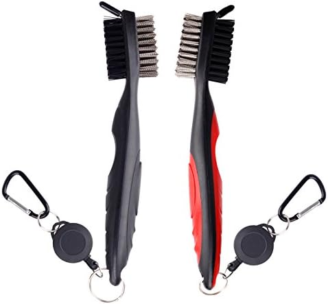 WISHLAND Golf Brush and Club Groove Cleaner Dual Sided Nylon & Steel Brush with String Spike for Cleaning Club Face & Groove - With Retractabl Loop Clip for Easy Hanging on Golf Bag - Ergonomic Design