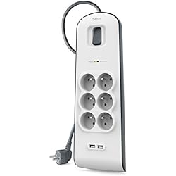 Belkin - BSV604ca2M - Multiprise/Parafoudre 6 Prises avec 2 Ports USB Intégrés - Cordon de 2m - Blanc (Protection jusqu'à 650 joules)