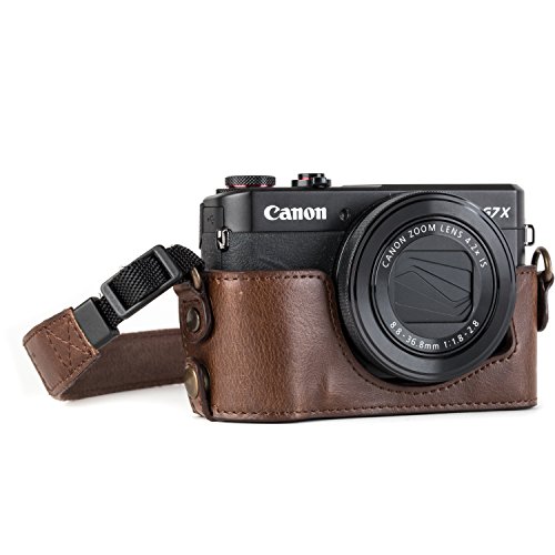 MegaGear MG952 Etui avec Bandouli  re Acc  s batterie en Cuir pour Appareil photo Canon PowerShot G7 X Mark II Marron fonc  