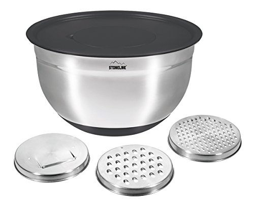 STONELINE 18211 Multifunktionsschüssel mit 3 Reiben zum Hobeln, Schneiden und Raspeln, inklusive Deckel, edelstahl optik / schwarz, 26.4 x 26.4 x 14.9 cm