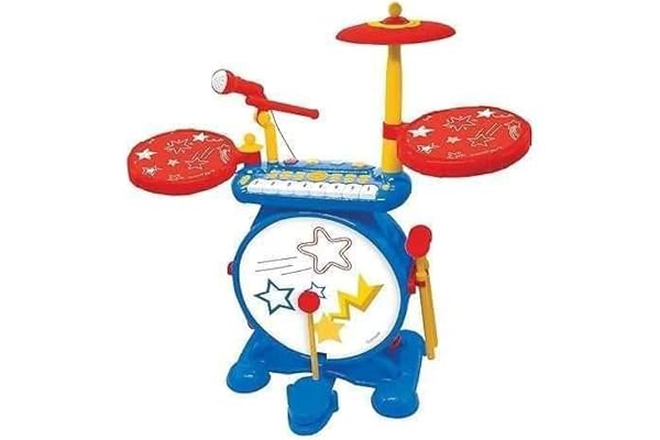 Lexibook, Batterie Électronique pour Enfant, Jeu Musical, Jouet Mixte, Vrai Son de Batterie, Clavier 8 Notes, Prise pour MP3, siège Inclus, Bleu/Rouge, K610