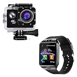 Infinizy Combo Pack of 2 Items - 4K WiFi Waterproof Action Sport Camera, Dz09 Bluetooth SmartWatch Phone with Camera (1 Year Warranty)