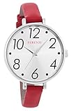 ferenzi DamenFZ16101, groß, modern, einfaches Ablesen, Silberfarbenes Zifferblatt, dünnes rotes Band 