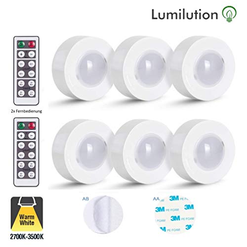 Preisvergleich Produktbild Schrankbeleuchtung LED Reinweiß / Batterie-betrieben mit Fernbedienung und Schalter dimmbar für Garderobe, Küche, Vitrinenbeleuchtung mit 3M Klebepads 6er SET kabellos [Energieklasse A+]