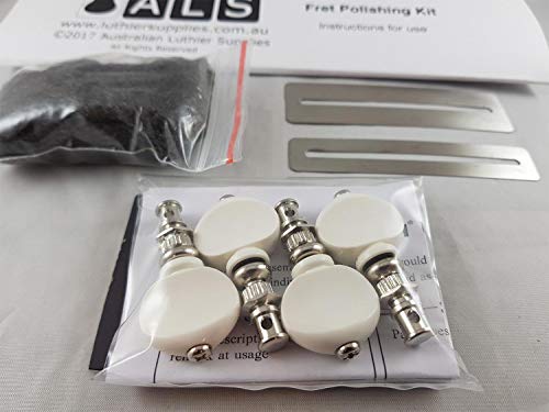 Gotoh ukelele Tuners (Bonus ALS Fret Kit de pulido) UKB Model Tuners por Gotoh Japan Set de 4 botones de níquel con blanco - Kit de pulido de trastes por Australian Luthier Supplies