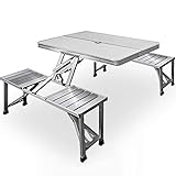 【 Techniche Details 】 Maße Tisch: LxBxH 85,5 x 67,5 x 66 cm // Maße Stuhl LxBxH 27 x 27 x 40 cm // Maße (zusammengeklappt) LxBxH 88 x 36 cm x 11 cm // Material: gebürstetes Alu - MDF
