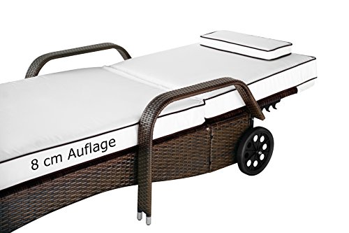 XXL 80 cm breite und 40 cm hohe PREMIUM LIEGE mit 8 cm Auflage mit Kopfkissen (waschbar). Unsere HOCHWERTIGE, EXKLUSIVE, 5 STERNE Liege „Imola“ Sitzhöhe von ca. 40 cm (inkl. 8 cm Auflage) bis ca. 200 kg belastbar, 25 cm große stabile Räder, 10 mm durchgängige Edelstahlsteckachse, bestens für gewerblichen Einsatz geeignet, 5-fach verstellbare Rückenlehne (ganz flach), Material: Polyrattan Aluminiumrahmen Edelstahlschrauben, Sonnenliege aus Poly Rattan, Farbe Java Braun - 3