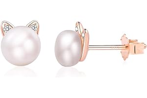 VU100 Boucles d'oreilles Chat pour Filles Femmes, Perle Chat Bijoux Argent Sterling 925/Plaqué Or Rose, Hypoallergénique, Enfants Cadeau d'anniversaire