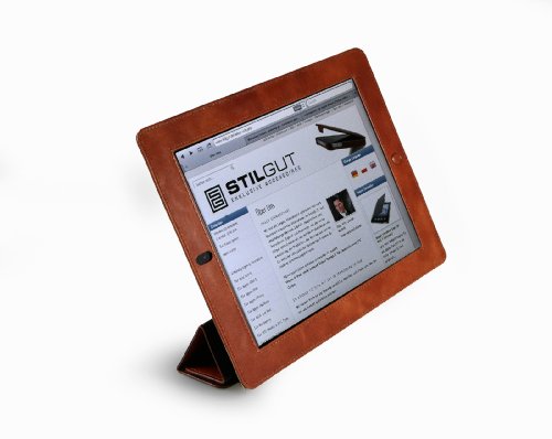 StilGut Couverture Case Version 2  Tasche aus feinstem Leder f  r das neue Apple iPad 3    4  Generation unterst  tzt Smart-Cover Funktion in Cognac