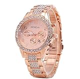 Damen-Uhr – Elegante Edelstahl Armbanduhr mit Strasssteinen - wasserfestes Quarz Uhrwerk (Pink)