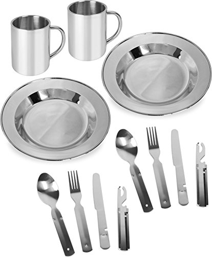 Camping Edelstahl Geschirrset Besteck + Teller + Tasse