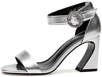 BIANJESUS Sandals Female Women Ladies Summer Middle Highthick Heel Leather Slotted Buckle Slope Hasp Fashion Comfortable Casual Square Head Open Toe Rhinestone Hollow Buckle Horseshoe,Silver,EU37