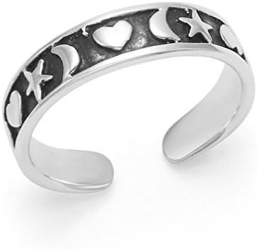 Sterling Silver Toe Ring - Solid Silver - Moons, Stars &amp; Hearts - 4.5mm band. Children's Silver heart ring - adjustable - Gift Boxed. 0998