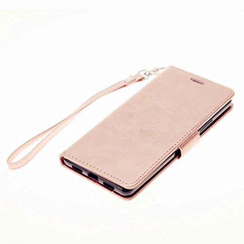 MUTOUREN Portemonnaie Handyhülle für Huawei P9 Lite Bookstyle Gürtelhändytasche Brieftasche PU Leder Wallet Case Cover Schutzhülle Hülle Etui mit Standfunktion Magnetverschluß Card Slots Kratzfeste Anti-scratch Premium Ledertasche Gepresste Blumen Indische Sonne Mandala Rosegold + Bleistift Touch Pen - 5