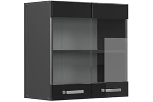 Vicco Glass kitchen cabinet Raul, Black high gloss, 60 cm