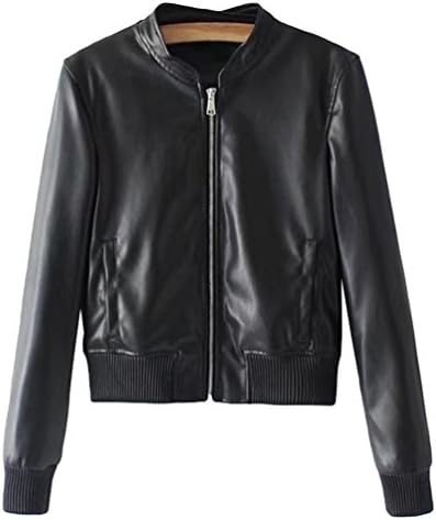 Jitong Womens Faux Leather Bomber Jacket Zip Up Long Sleeve Outwear Coat Black M