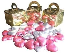 Pack of 6 Pink and White Chocolate Heart filled Holographic Star Gold Cube Balloon Weight Favour Boxes