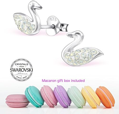 CuteCachoo - Mini macaron gift box included! Childrens swan ear studs with genuine crystal elements by Swarovski. Quality sterling silver earrings for kids or adults.