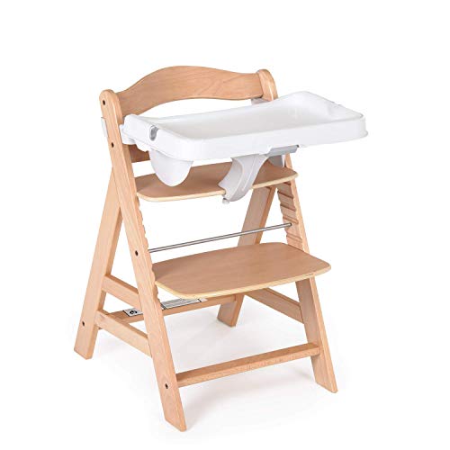 Hauck Alpha Tray, Tavolino Pappa per Seggiolone in Legno hauck Alpha+ e Beta+, con Vassoio Rimovibile, Portabibite, Bordo Alto, Regolabile in Profondità, Bianco