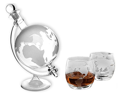 1 Whisky Karaffe 750 ml GLOBUS plus 2 Gläser Whisky-Gläser je 350 ml Weltkugel Glaskaraffe Welt Dekanter für Whisky-Flasche 0,75 Liter l Glasflasche Flasche Likörflaschen Schnapsflasche Glas Wein Schnaps von slkfactory (1 Stück & 2 Gläser)