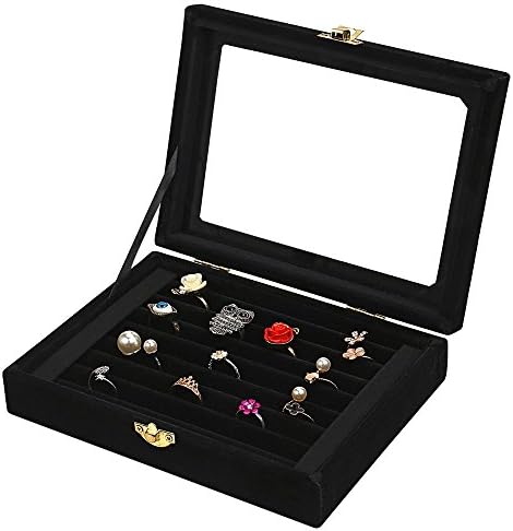 Lantwo Velvet Glass Jewelry Display Stand Storage Box Ring Earrings Jewelry Box Ring Holder Case